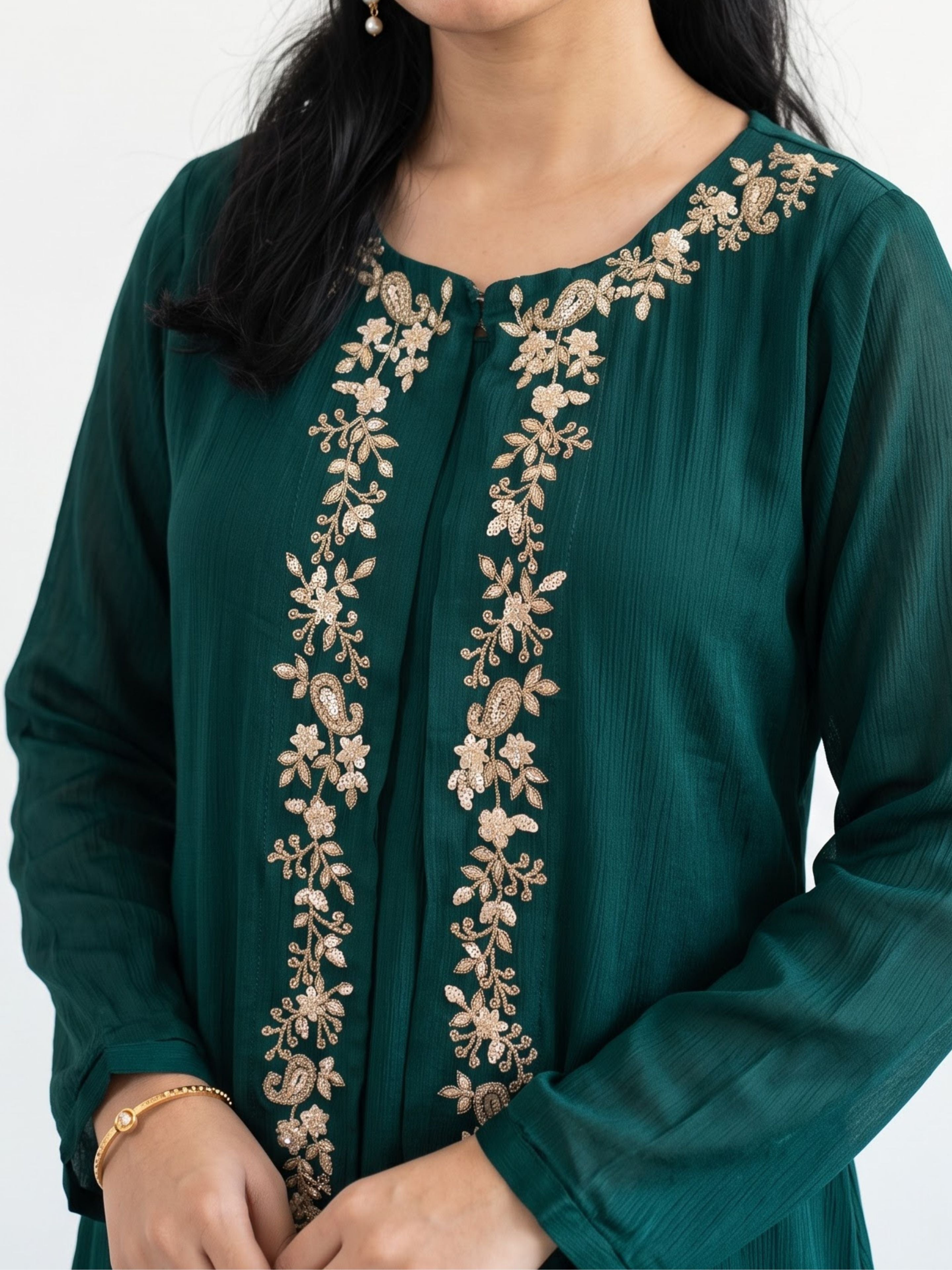 Green Chinon Shirt, Palazzo, Shrug And Dupatta with Cutdana, Sequins, Pearl and Dabka Embroidery 4